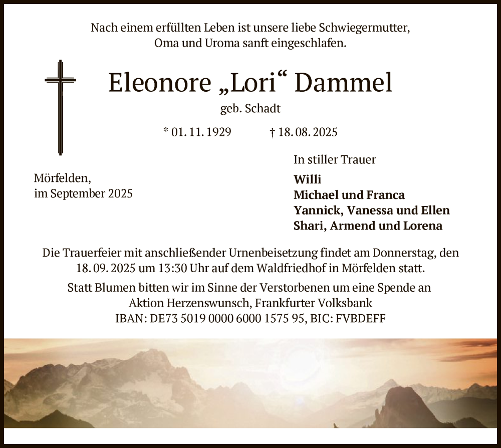  Traueranzeige für Eleonore Dammel vom 12.09.2025 aus OFMF