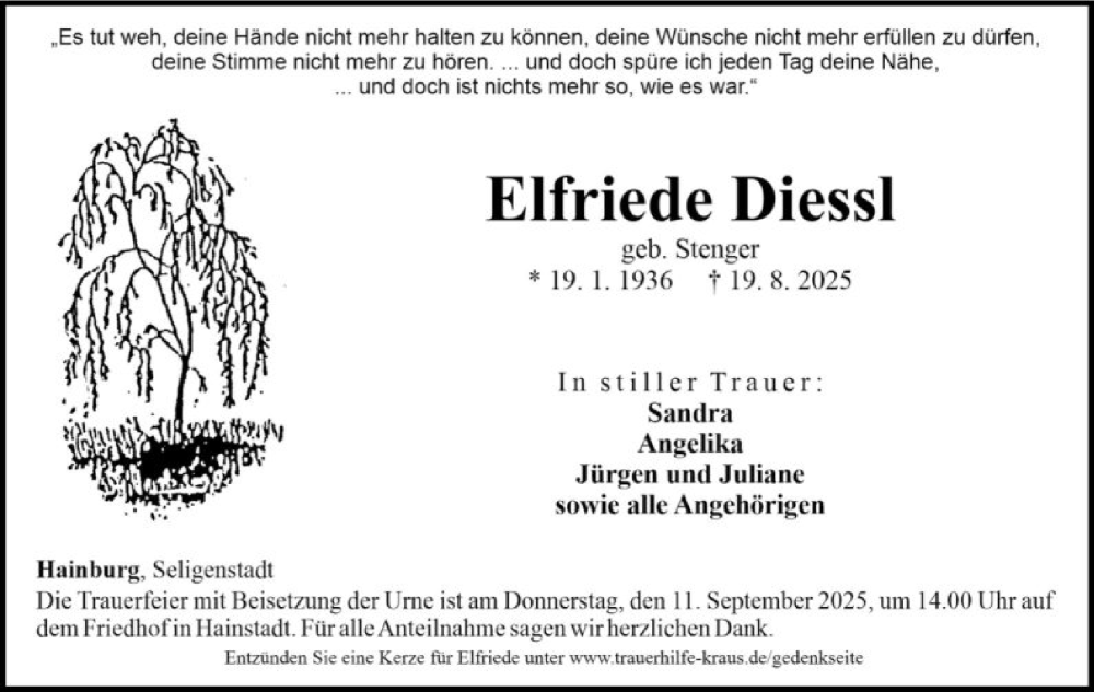  Traueranzeige für Elfriede Diessl vom 06.09.2025 aus OF0L