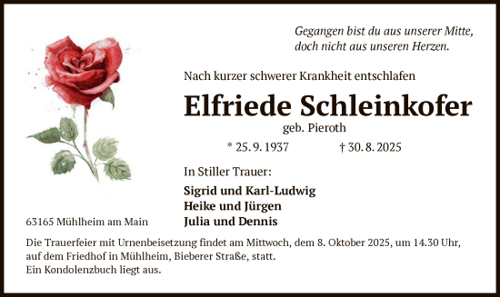 Traueranzeige von Elfriede Schleinkofer von OFOP