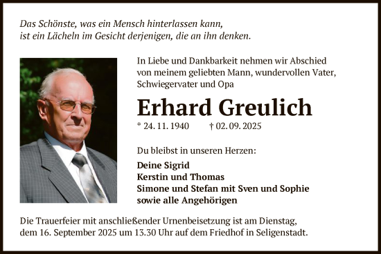 Traueranzeige von Erhard Greulich von OF0L