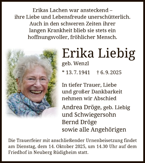 Traueranzeige von Erika Liebig von OFHA