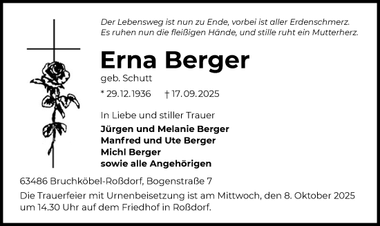 Traueranzeige von Erna Berger von HUW