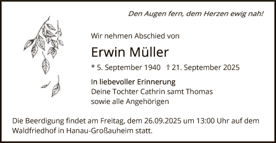 Traueranzeige von Erwin Müller von OFHA