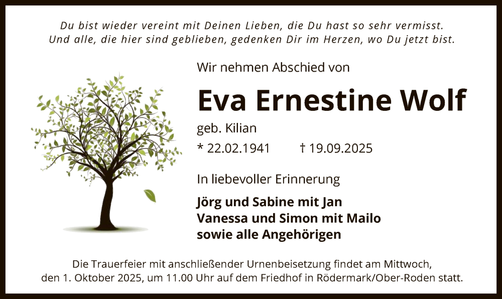  Traueranzeige für Eva Ernestine Wolf vom 27.09.2025 aus OF0L