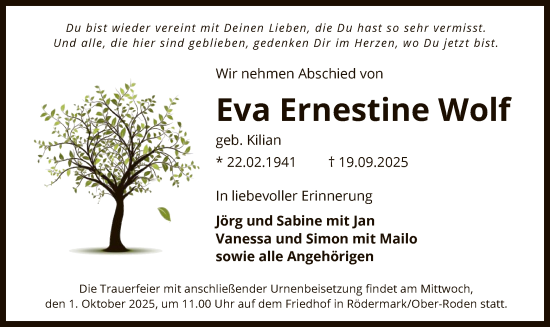 Traueranzeige von Eva Ernestine Wolf von OF0L