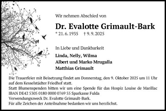 Traueranzeige von Evalotte Grimault-Bark von OFHA