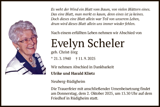 Traueranzeige von Evelyn Scheler von OFHA