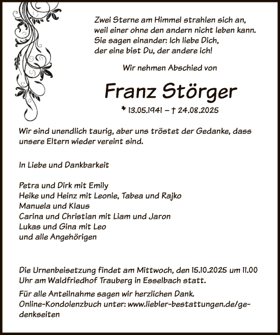 Traueranzeige von Franz Störger von OF0L