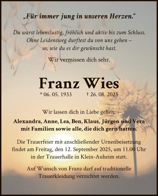 Traueranzeige von Franz Wies von OFOP