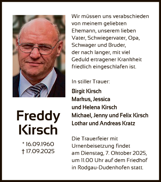Traueranzeige von Freddy Kirsch von OF0L