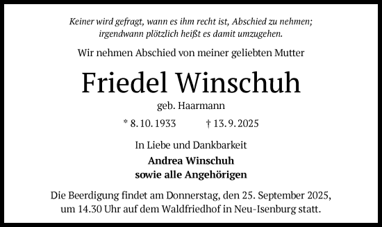Traueranzeige von Friedel Winschuh von OFOP