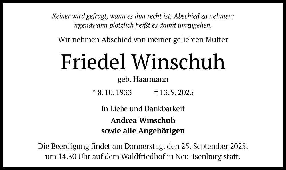  Traueranzeige für Friedel Winschuh vom 20.09.2025 aus OFOP
