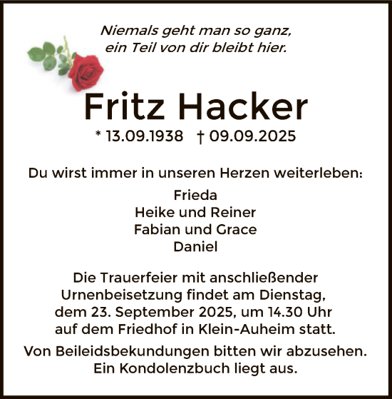 Traueranzeige von Fritz Hacker von OFHA