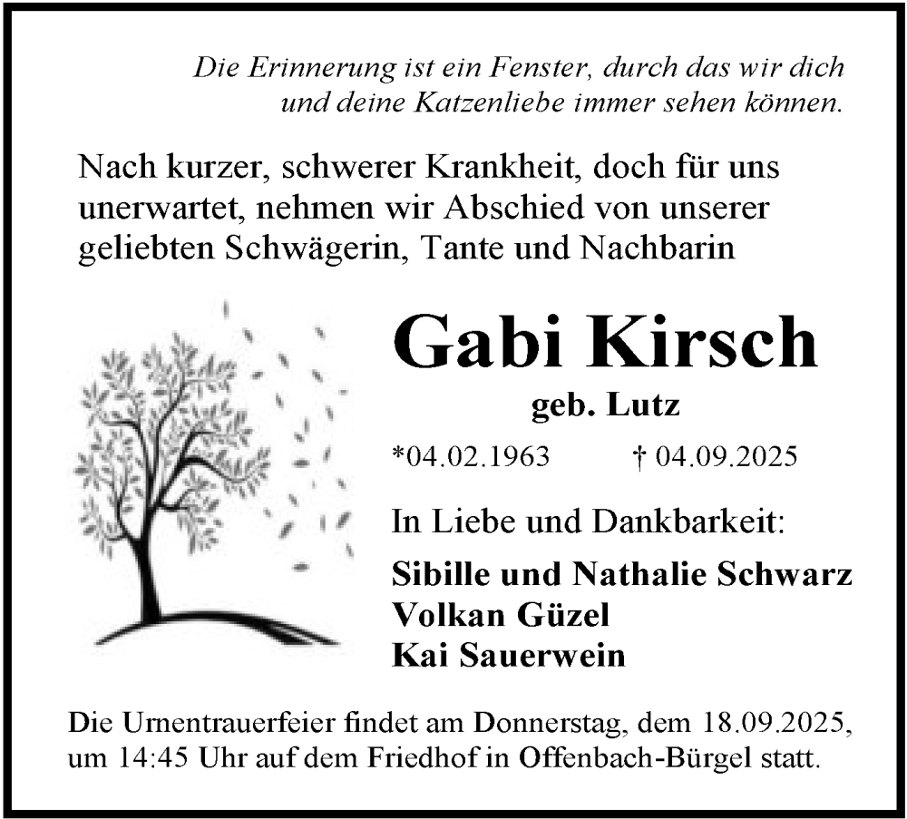  Traueranzeige für Gabi Kirsch vom 13.09.2025 aus OFOP
