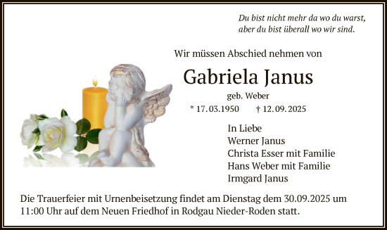 Traueranzeige von Gabriela Janus von OFOP