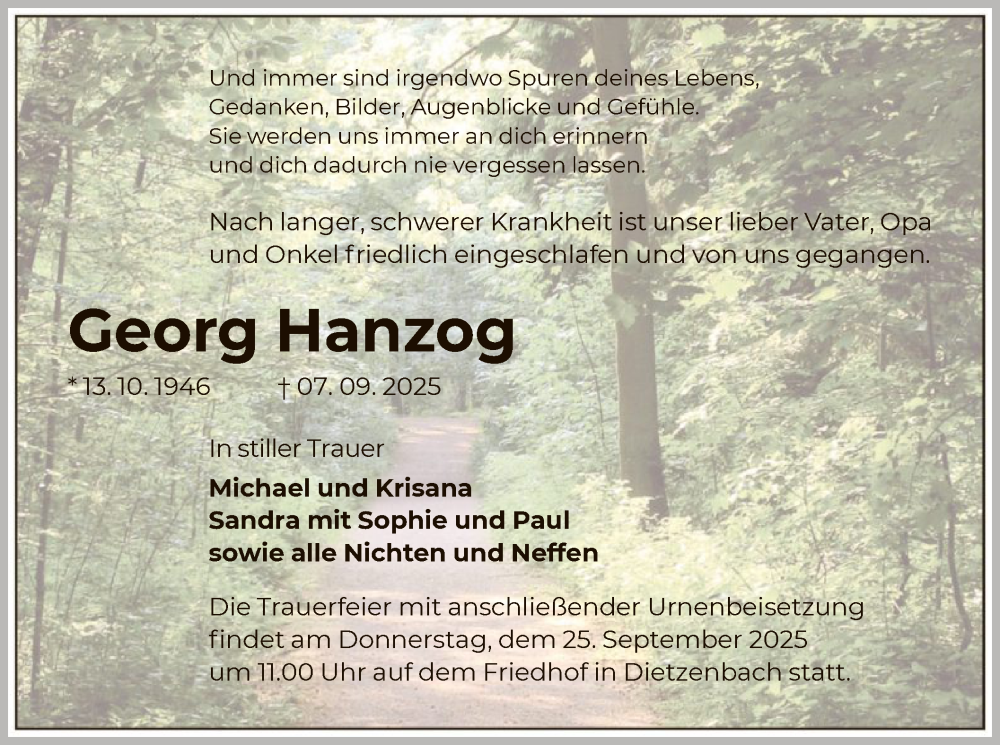  Traueranzeige für Georg Hanzog vom 13.09.2025 aus OFOP