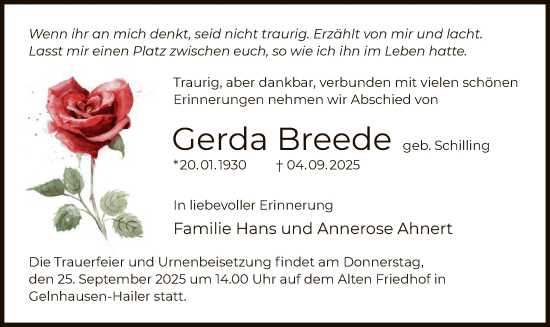 Traueranzeige von Gerda Breede von OF0L
