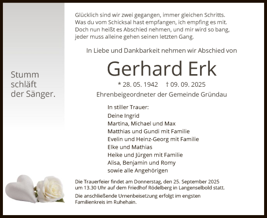 Traueranzeige von Gerhard Erk von OFHA