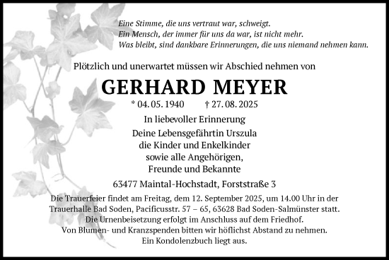 Traueranzeige von Gerhard Meyer von OFHA