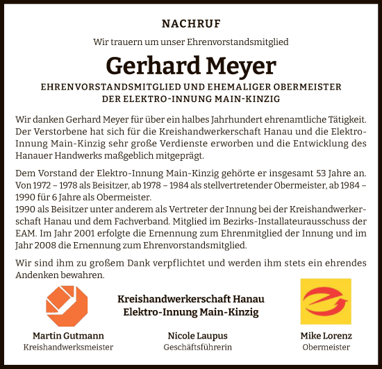 Traueranzeige von Gerhard Meyer von OFHAOFBW