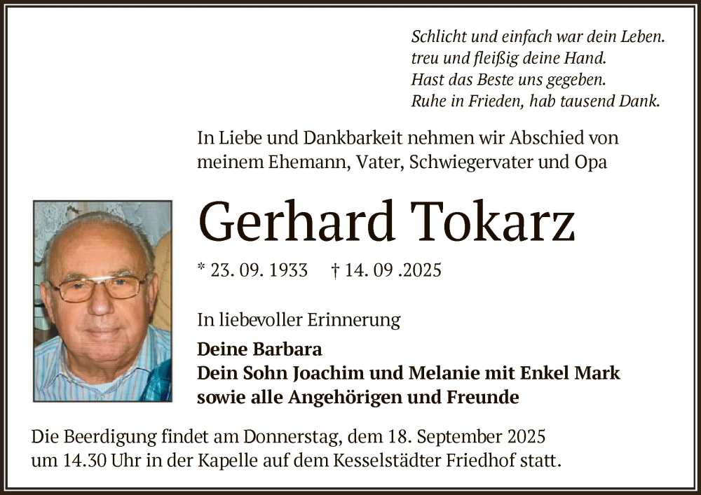  Traueranzeige für Gerhard Tokarz vom 17.09.2025 aus OFHA
