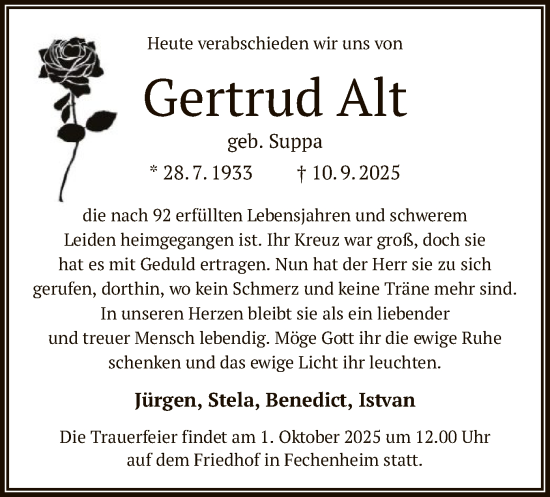 Traueranzeige von Gertrud Alt von BOWO