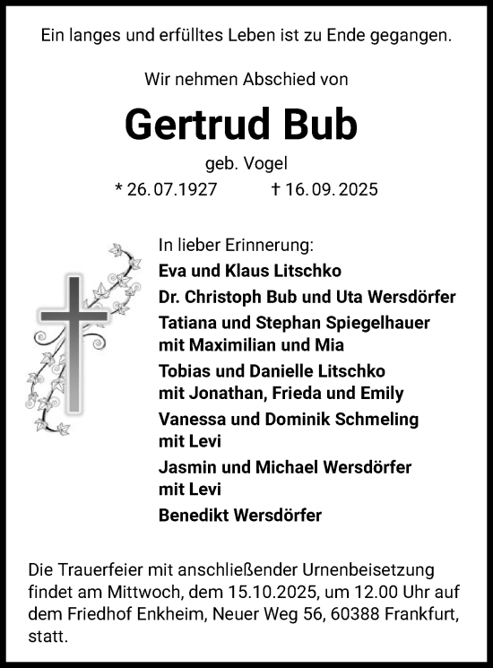 Traueranzeige von Gertrud Bub von BOWO
