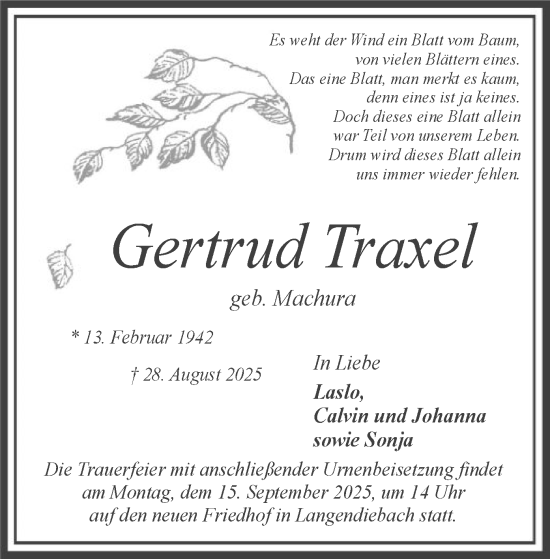 Traueranzeige von Gertrud Traxel von OFHA