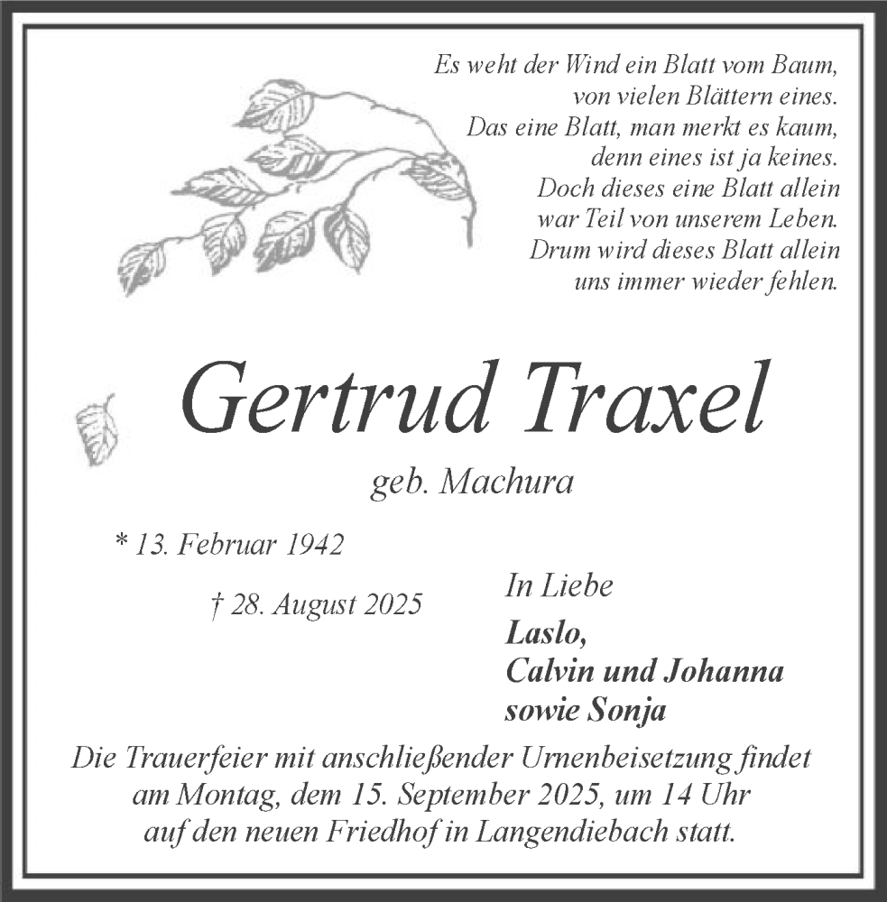  Traueranzeige für Gertrud Traxel vom 06.09.2025 aus OFHA