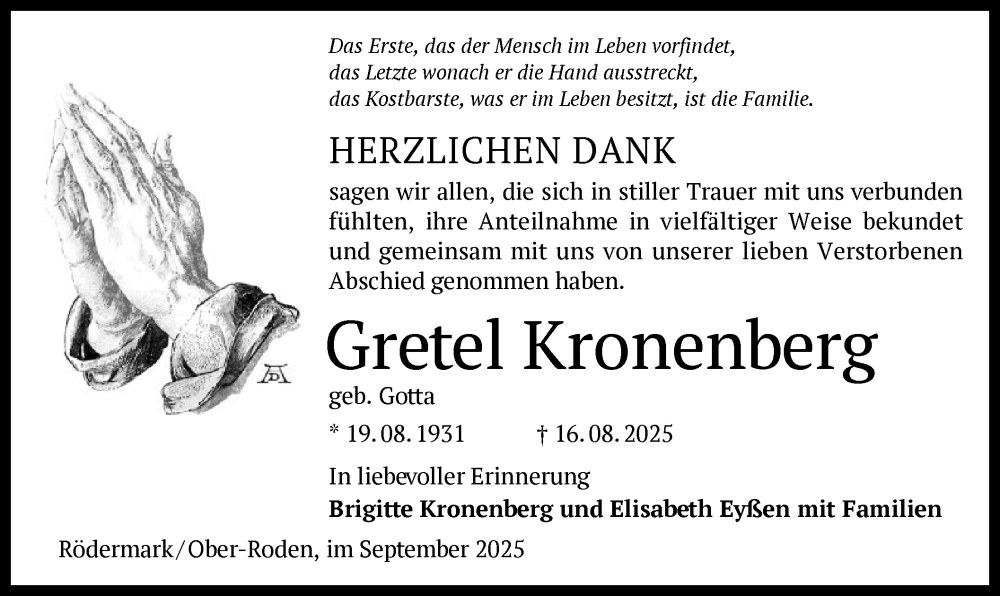  Traueranzeige für Gretel Kronenberg vom 13.09.2025 aus OF0L