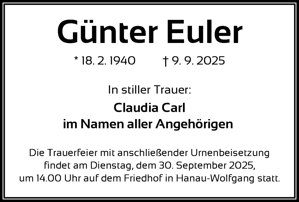  Traueranzeige für Günter Euler vom 27.09.2025 aus OFHA