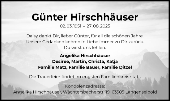 Traueranzeige von Günter Hirschhäuser von OFHA