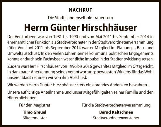 Traueranzeige von Günter Hirschhäuser von OFHA