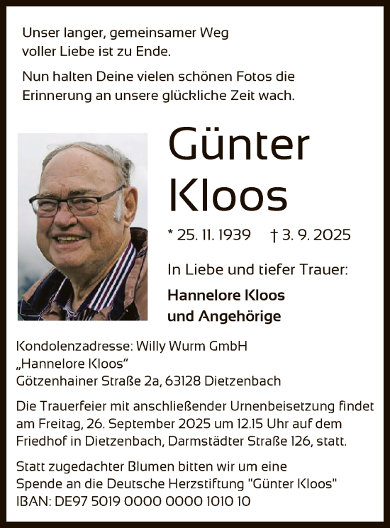 Traueranzeige von Günter Kloos von OF0TOF0L