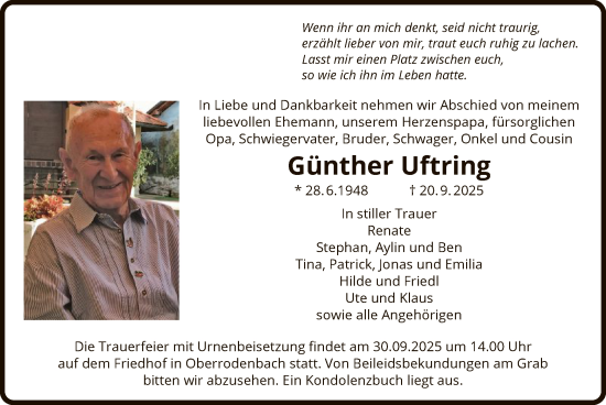 Traueranzeige von Günther Uftring von OFHA