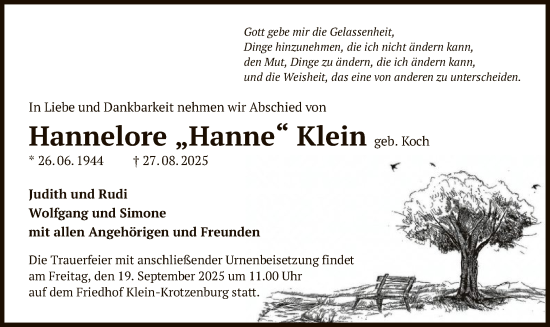 Traueranzeige von Hannelore Klein von OFOP