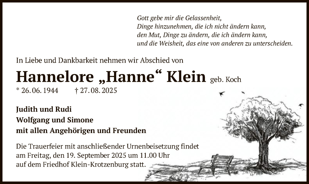  Traueranzeige für Hannelore Klein vom 13.09.2025 aus OFOP