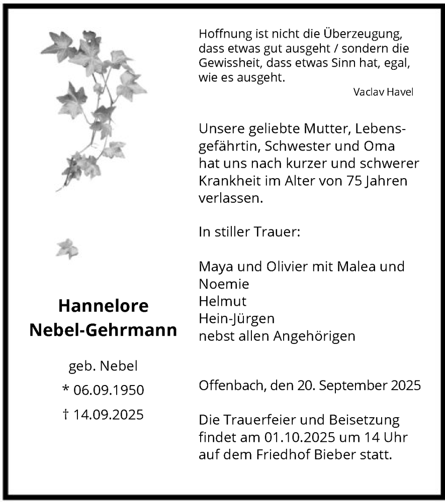  Traueranzeige für Hannelore Nebel-Gehrmann vom 20.09.2025 aus OFOP