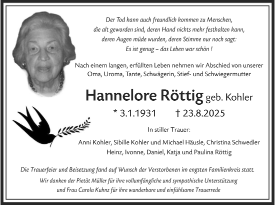 Traueranzeige von Hannelore Röttig von OF0W
