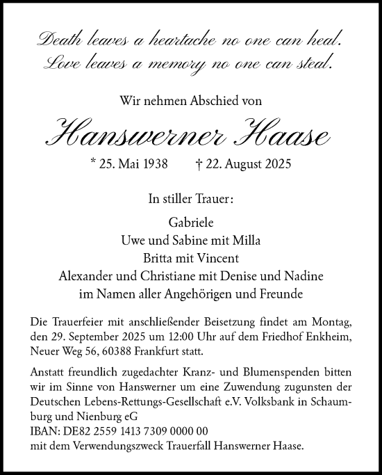 Traueranzeige von Hanswerner Haase von BOWO
