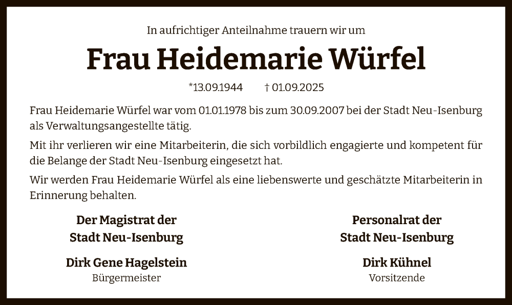  Traueranzeige für Heidemarie Würfel vom 06.09.2025 aus OF0W