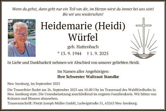 Traueranzeige von Heidemarie Würfel von OF0W
