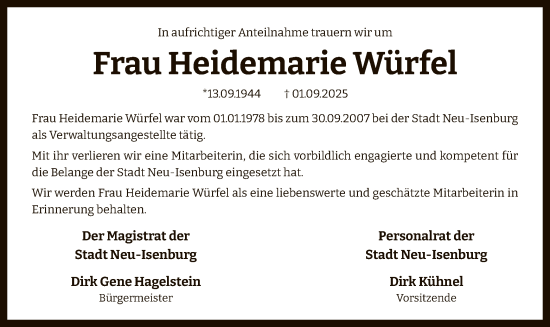 Traueranzeige von Heidemarie Würfel von OF0W