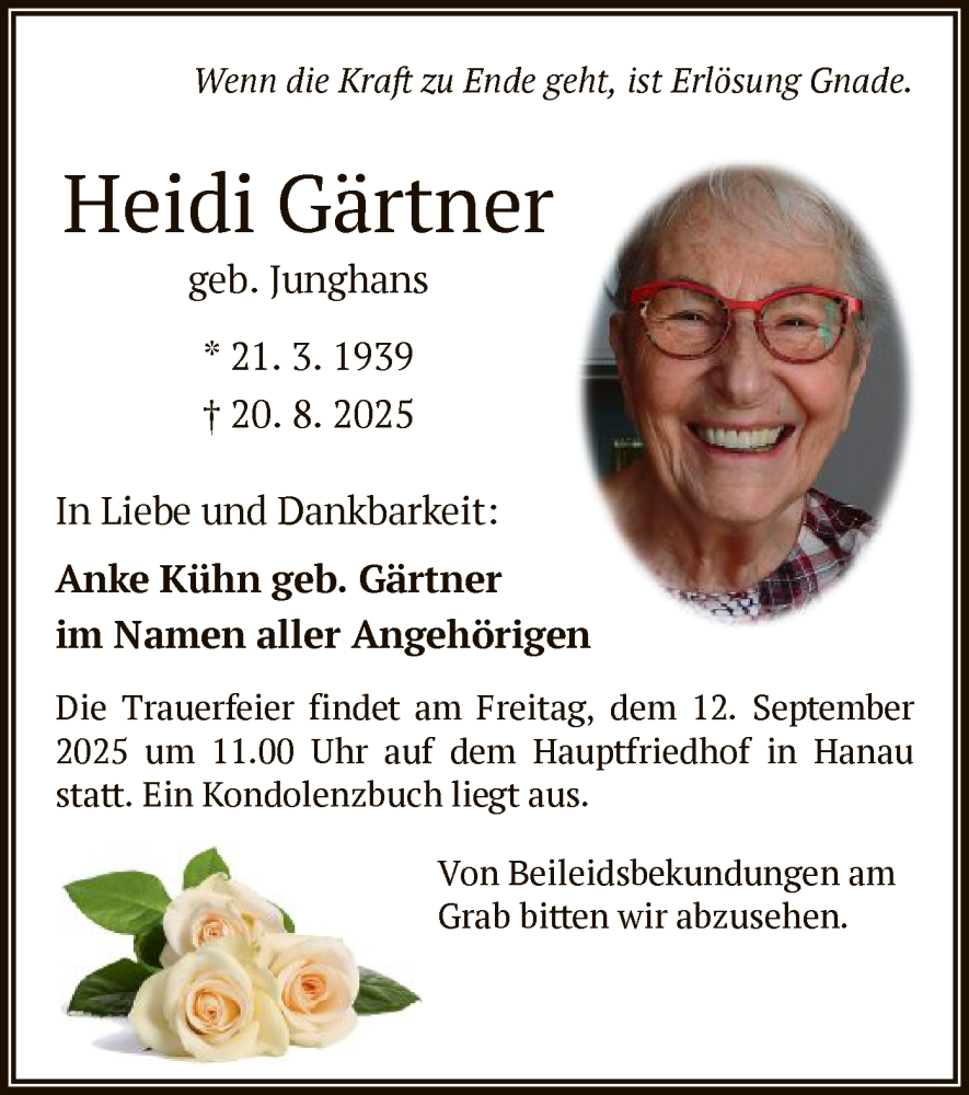  Traueranzeige für Heidi Gärtner vom 06.09.2025 aus OFHA