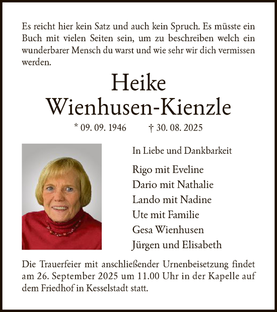 Traueranzeige von Heike Wienhusen-Kienzle von OFHA
