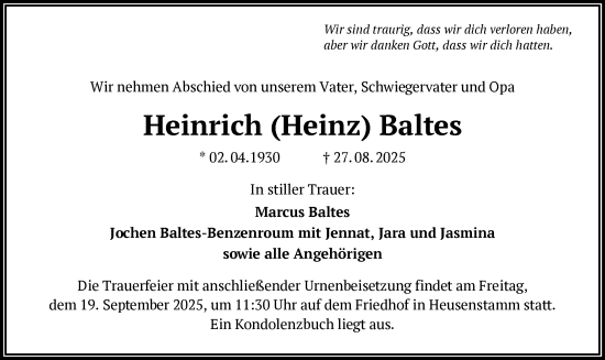 Traueranzeige von Heinrich Baltes von OFOP