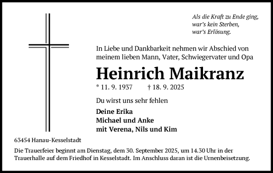 Traueranzeige von Heinrich Maikranz von OFHA