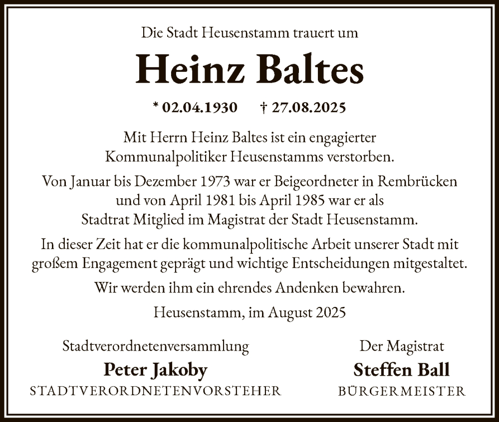  Traueranzeige für Heinz Baltes vom 06.09.2025 aus OF0T
