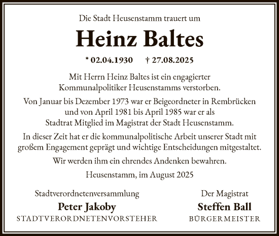 Traueranzeige von Heinz Baltes von OF0T