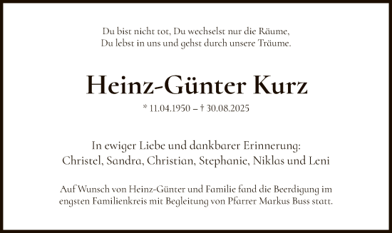 Traueranzeige von Heinz-Günter Kurz von OFOP